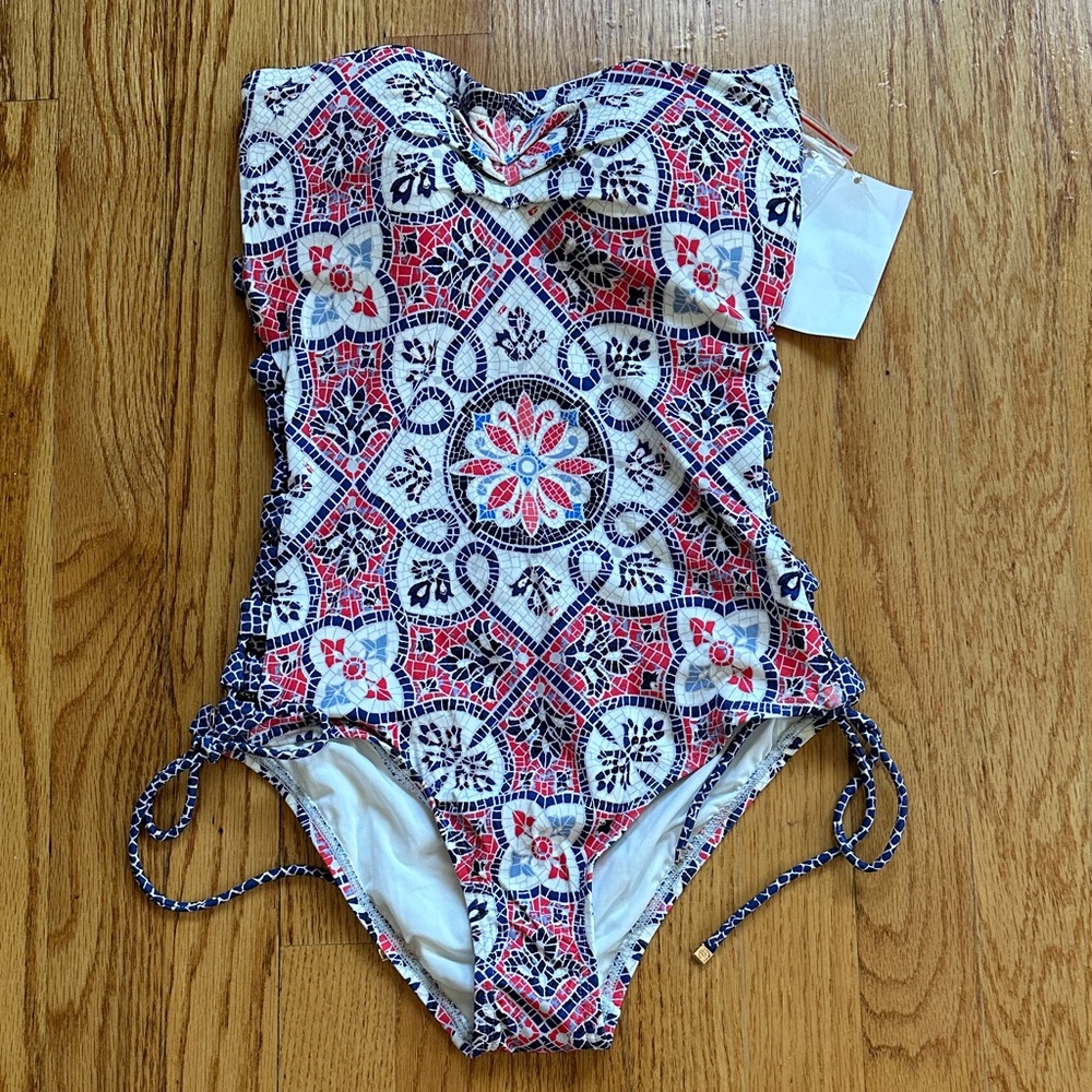 Michael Kors Red and Blue Geometric One Piece Swimsuit